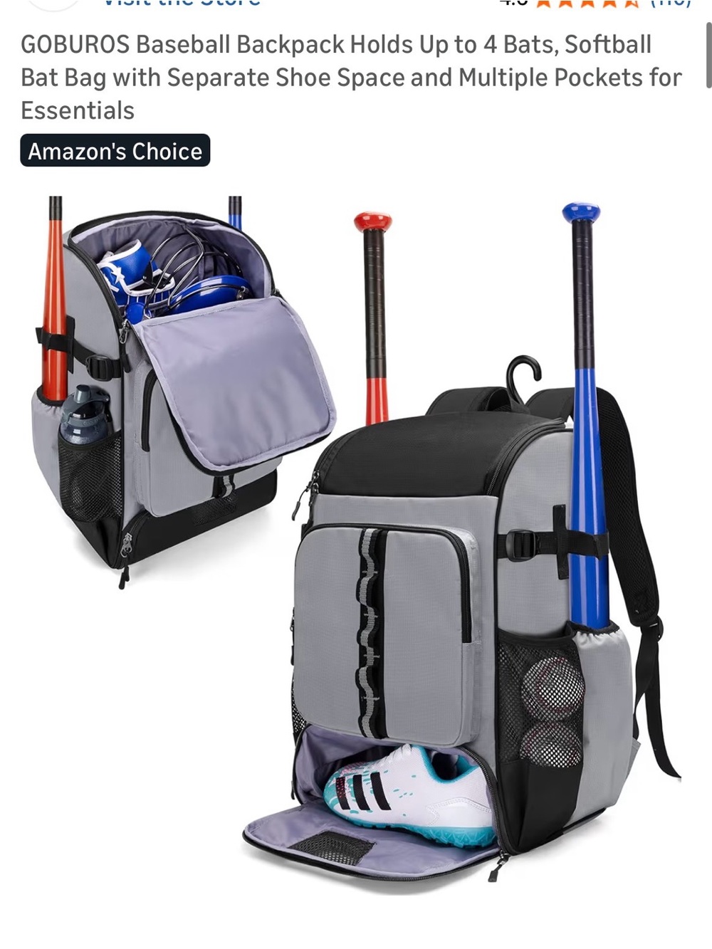 Baseball Backpack Holds Up to 4 Bats,  Multiple Pockets for Essentials